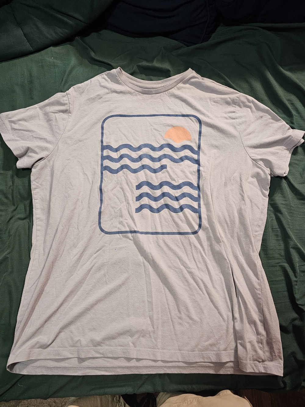 Original Use Light Blue Tee with Blue Wave Graphic and Peach Sun